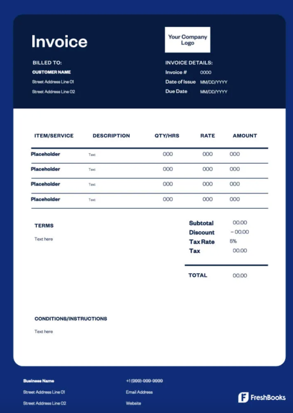 Professional invoice template with clear dates, line items, and total amount.