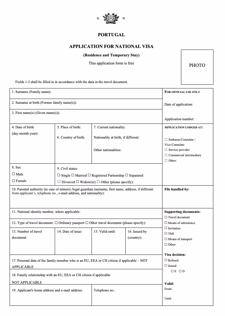 Portugal national visa application form (residence and temporary stay).