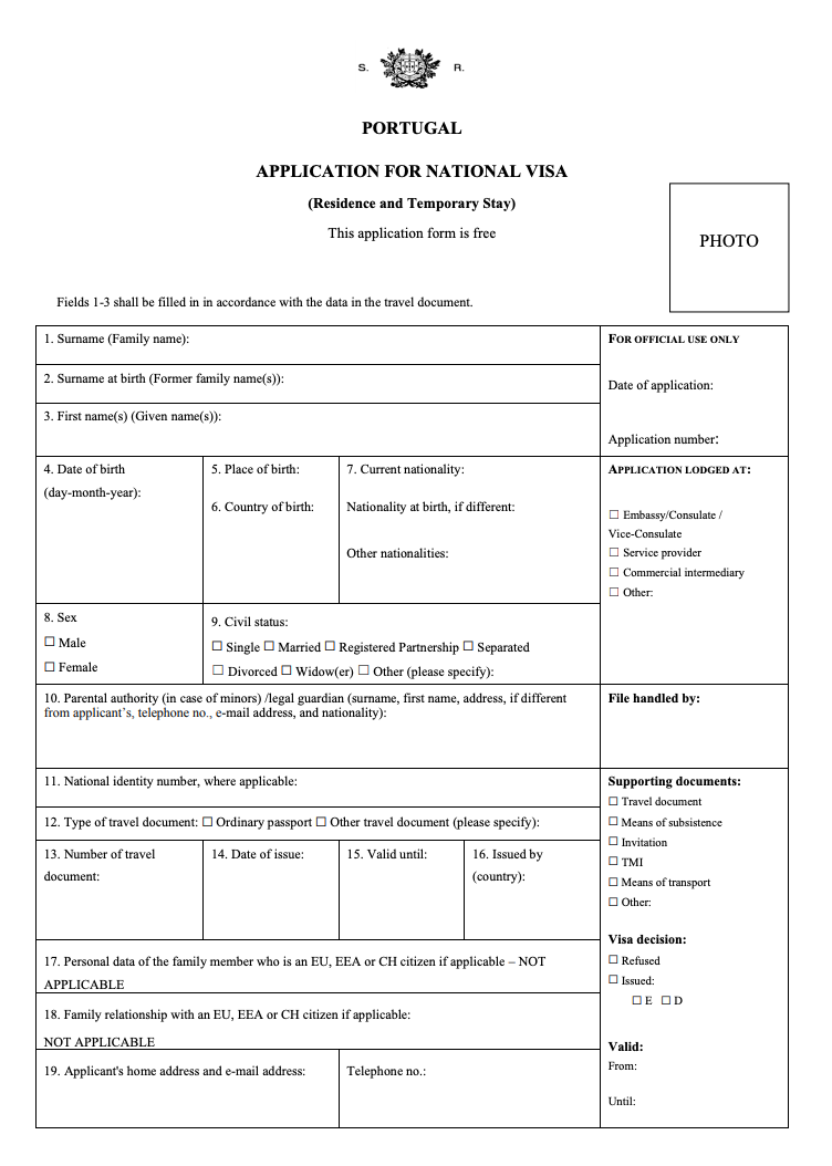 Portugal national visa application form (residence and temporary stay).