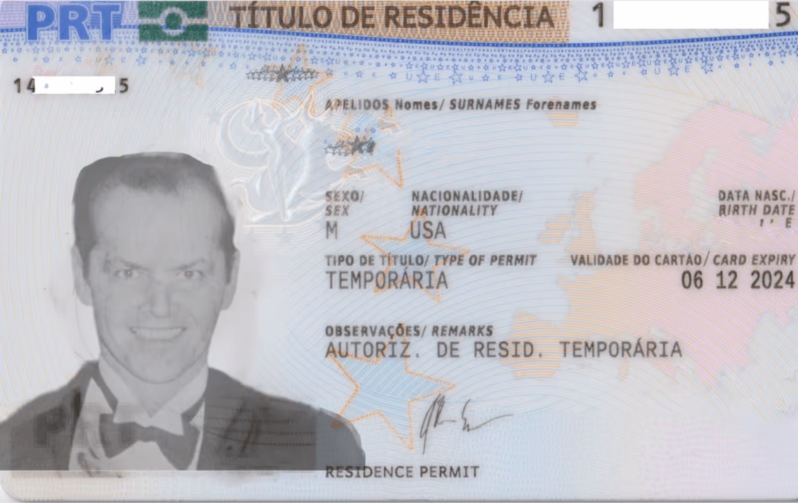 Portuguese residence permit card with Jack Nicholson from The Shining as the photo.