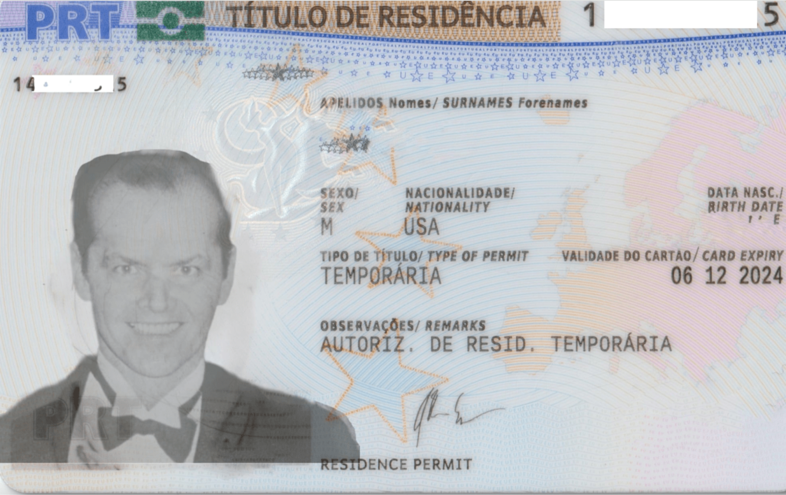 Portuguese residence permit card with Jack Nicholson from The Shining as the photo.