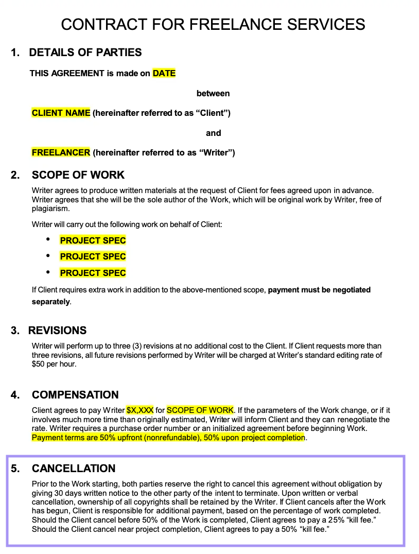 Sample freelance contract showing a kill fee clause for cancelled projects.