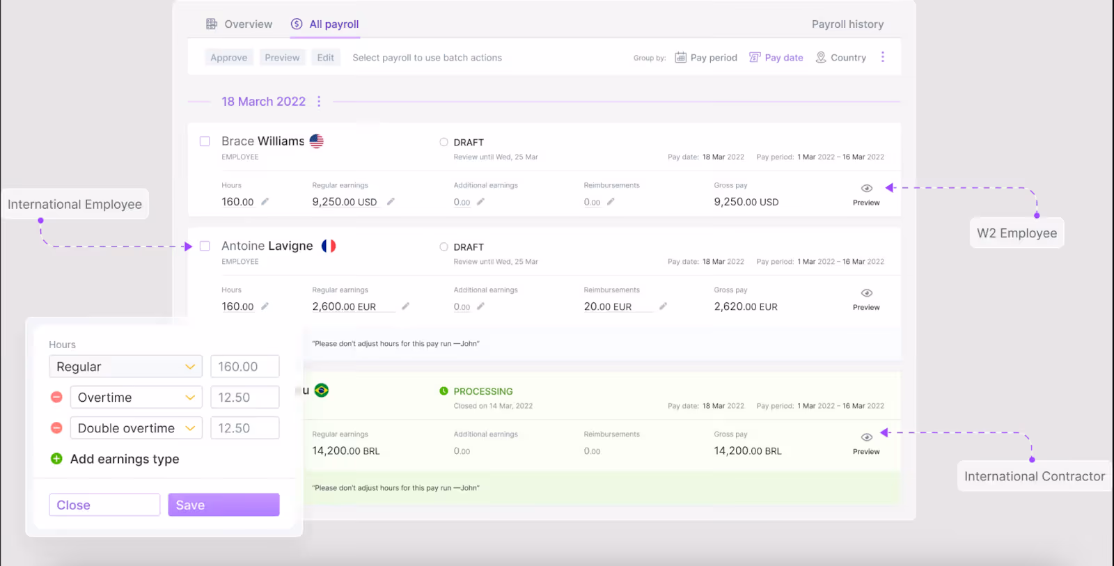Plane payroll dashboard showing payroll runs for US, French, and Brazilian employees with options for international contractors and overtime management.