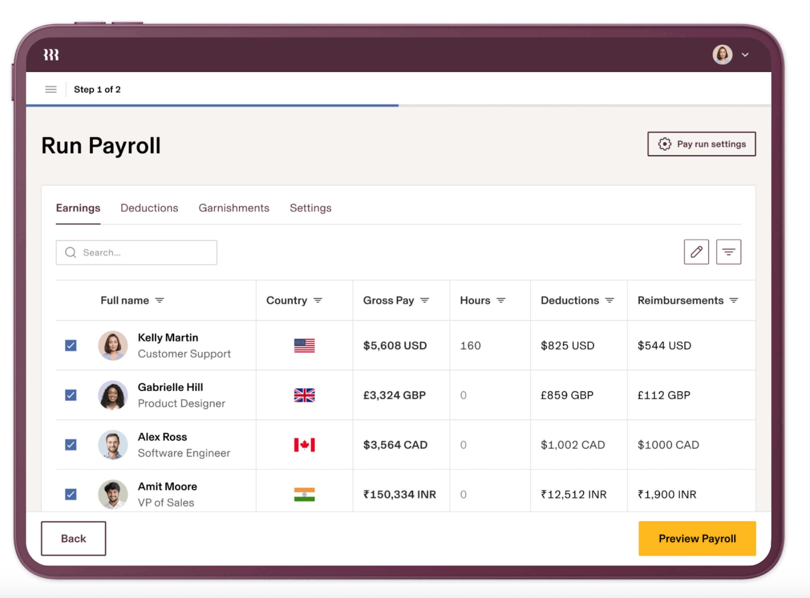 Screenshot of Rippling’s payroll dashboard showing employees from multiple countries with gross pay, hours, deductions, and reimbursements listed.
