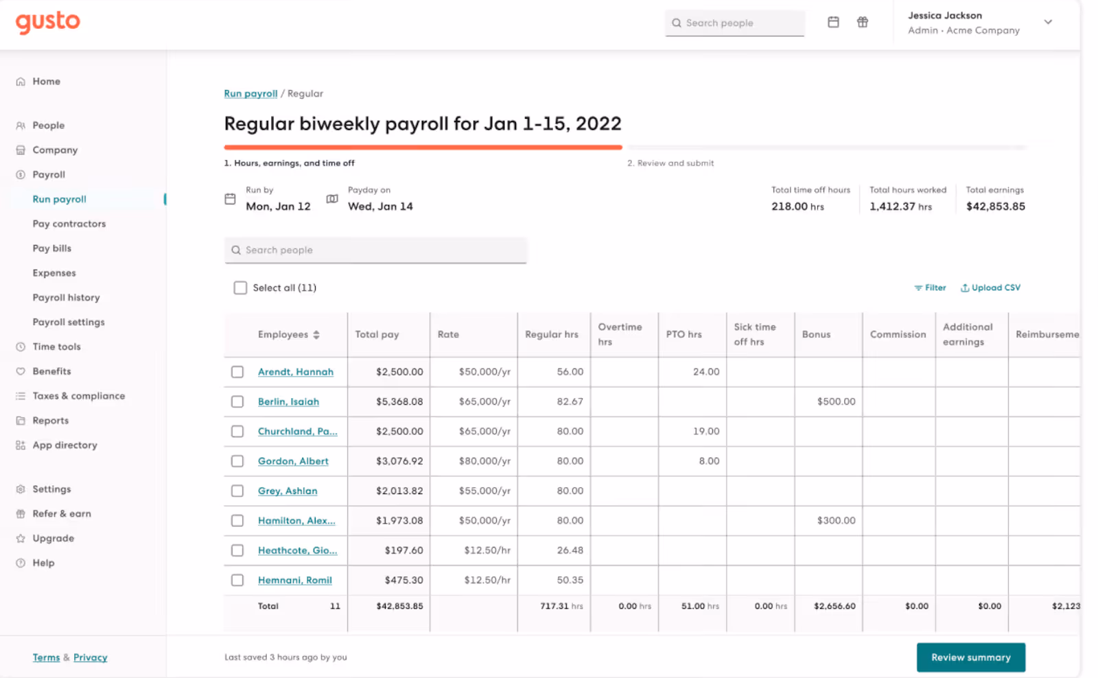 Screenshot of Gusto’s payroll dashboard showing a regular biweekly payroll run with employee names, pay rates, hours worked, and total earnings.