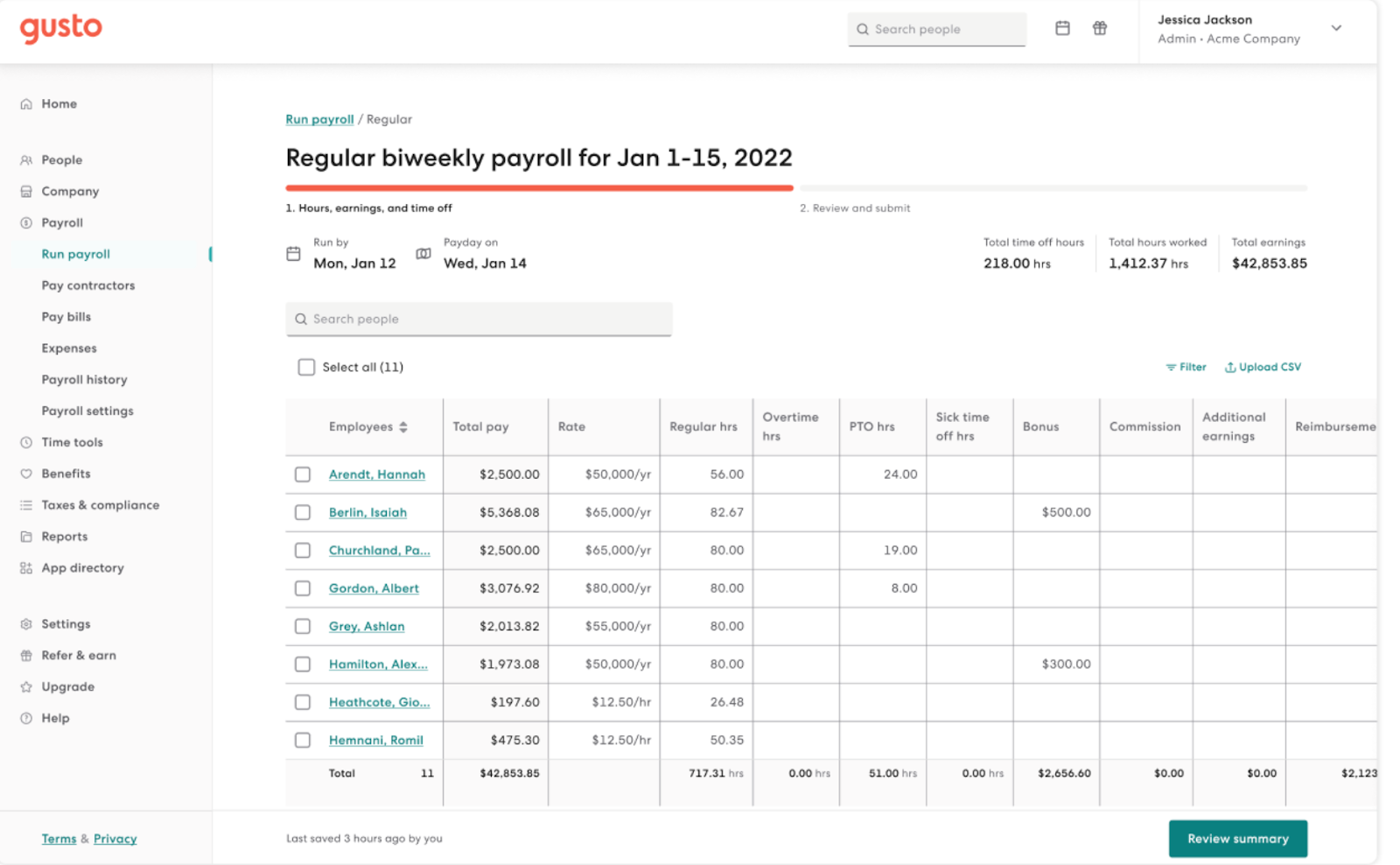 Screenshot of Gusto’s payroll dashboard showing a regular biweekly payroll run with employee names, pay rates, hours worked, and total earnings.