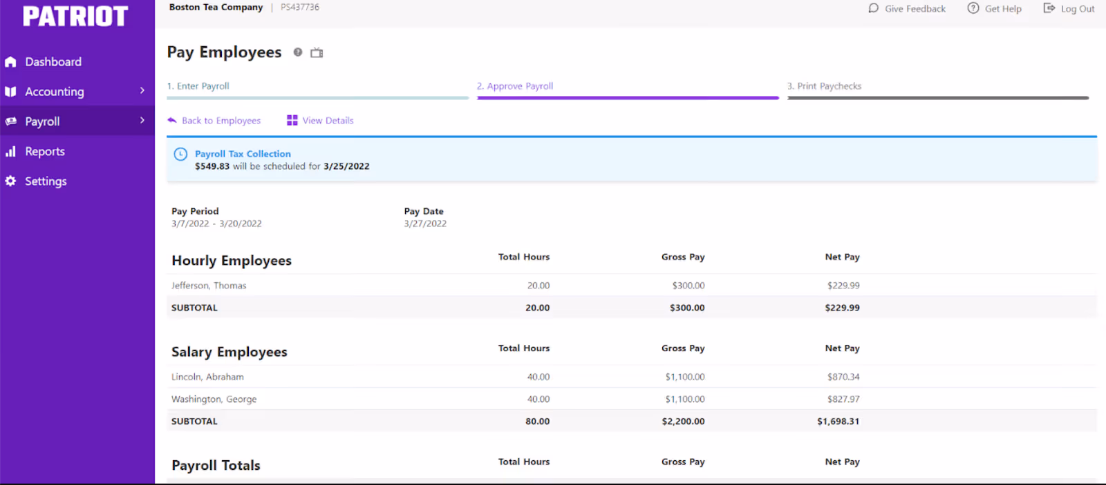 Patriot Payroll dashboard showing payroll approval with employee hours, gross pay, and net pay.