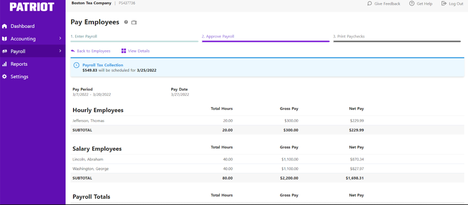 Patriot Payroll dashboard showing payroll approval with employee hours, gross pay, and net pay.