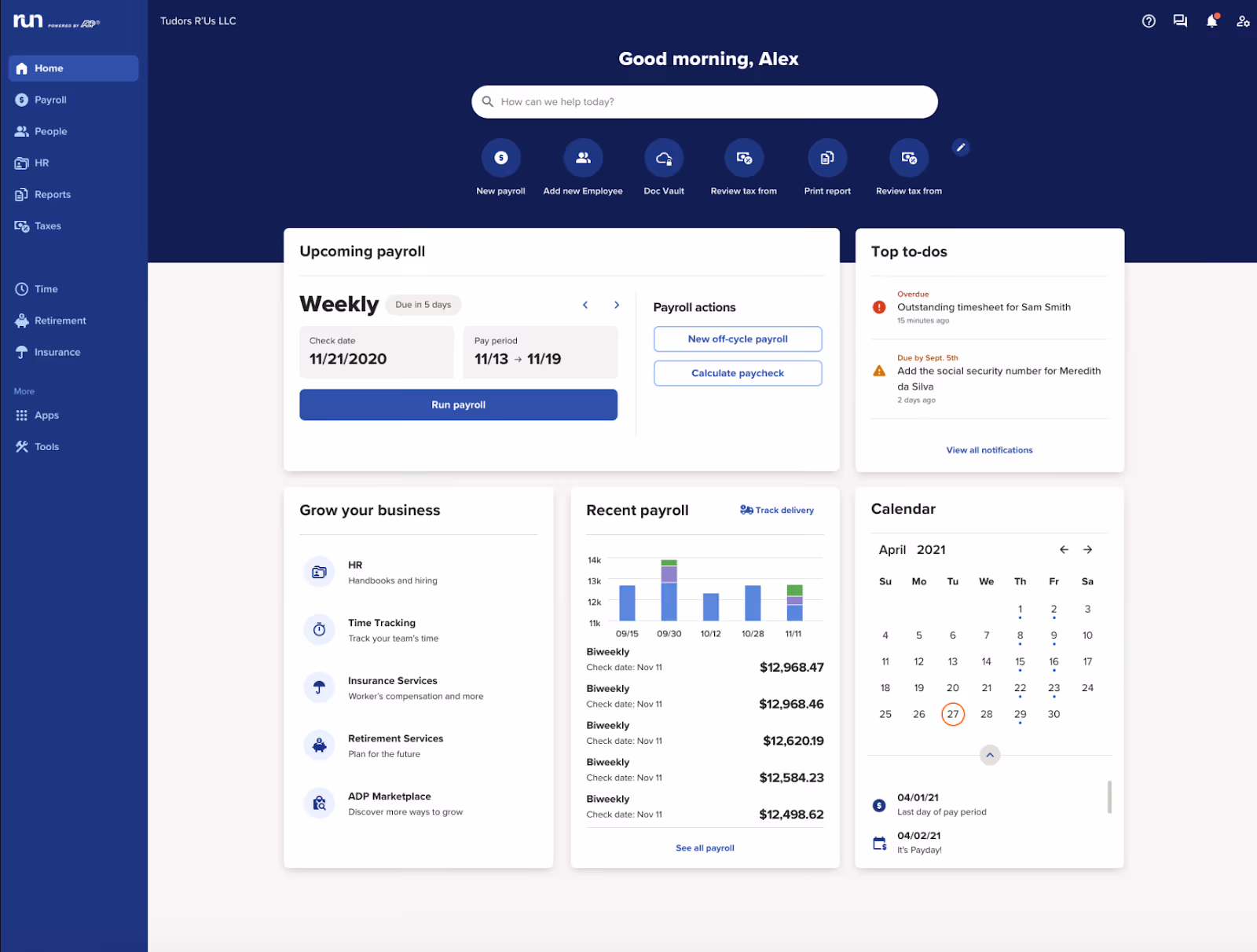 ADP Run dashboard showing upcoming payroll, to-do list, HR tools, recent payroll graph, and calendar.