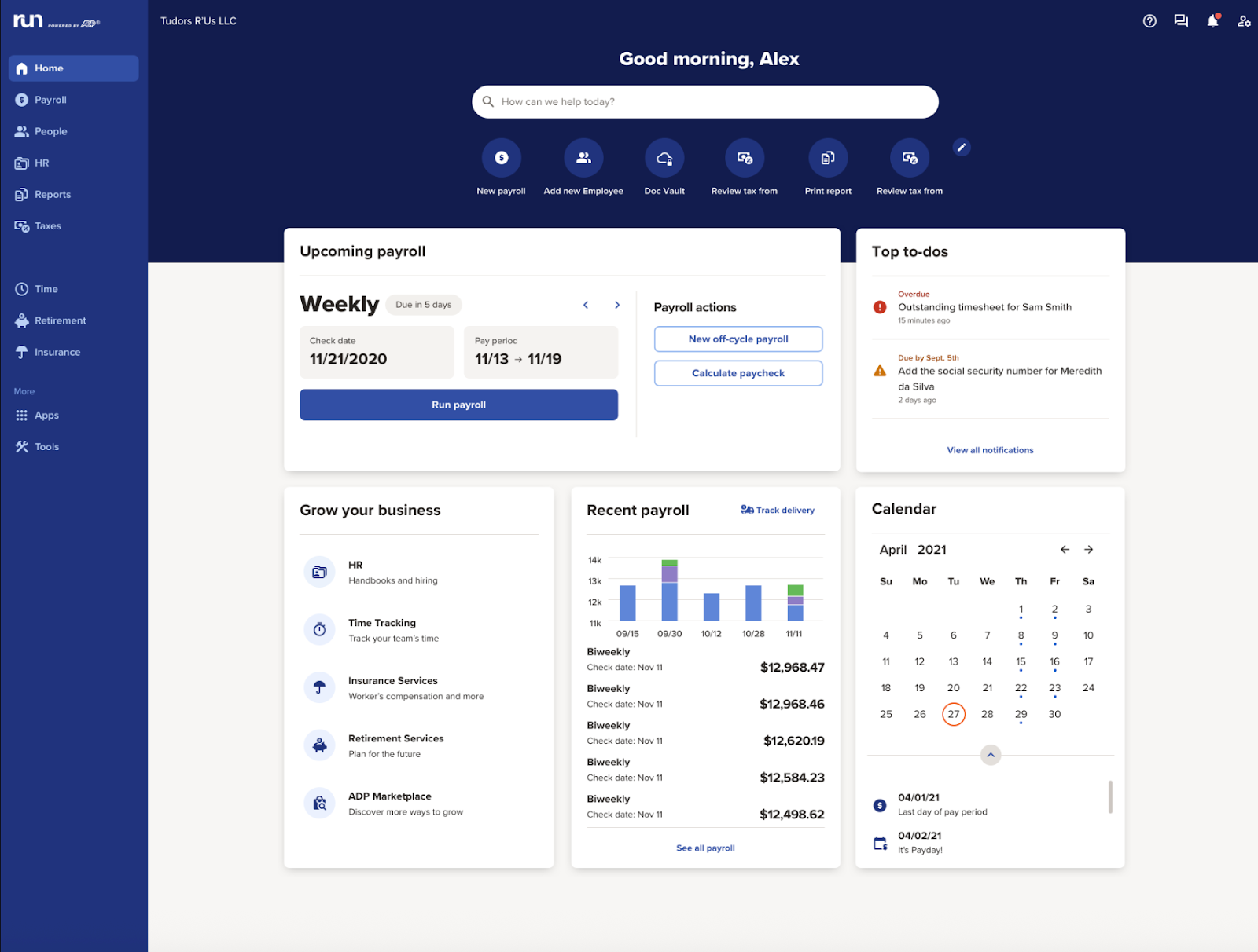 ADP Run dashboard showing upcoming payroll, to-do list, HR tools, recent payroll graph, and calendar.