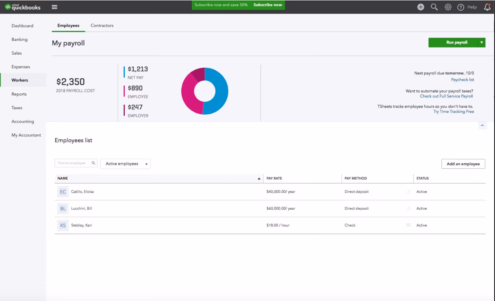QuickBooks Payroll dashboard showing payroll costs, employee pay rates, and payment methods.