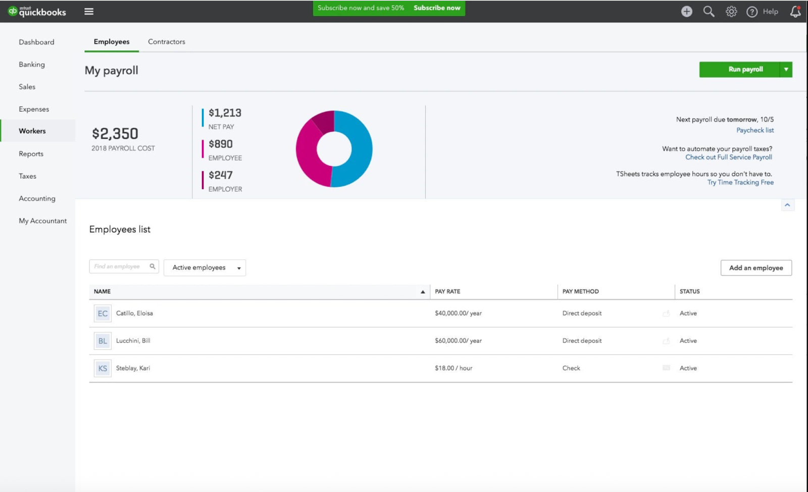 QuickBooks Payroll dashboard showing payroll costs, employee pay rates, and payment methods.