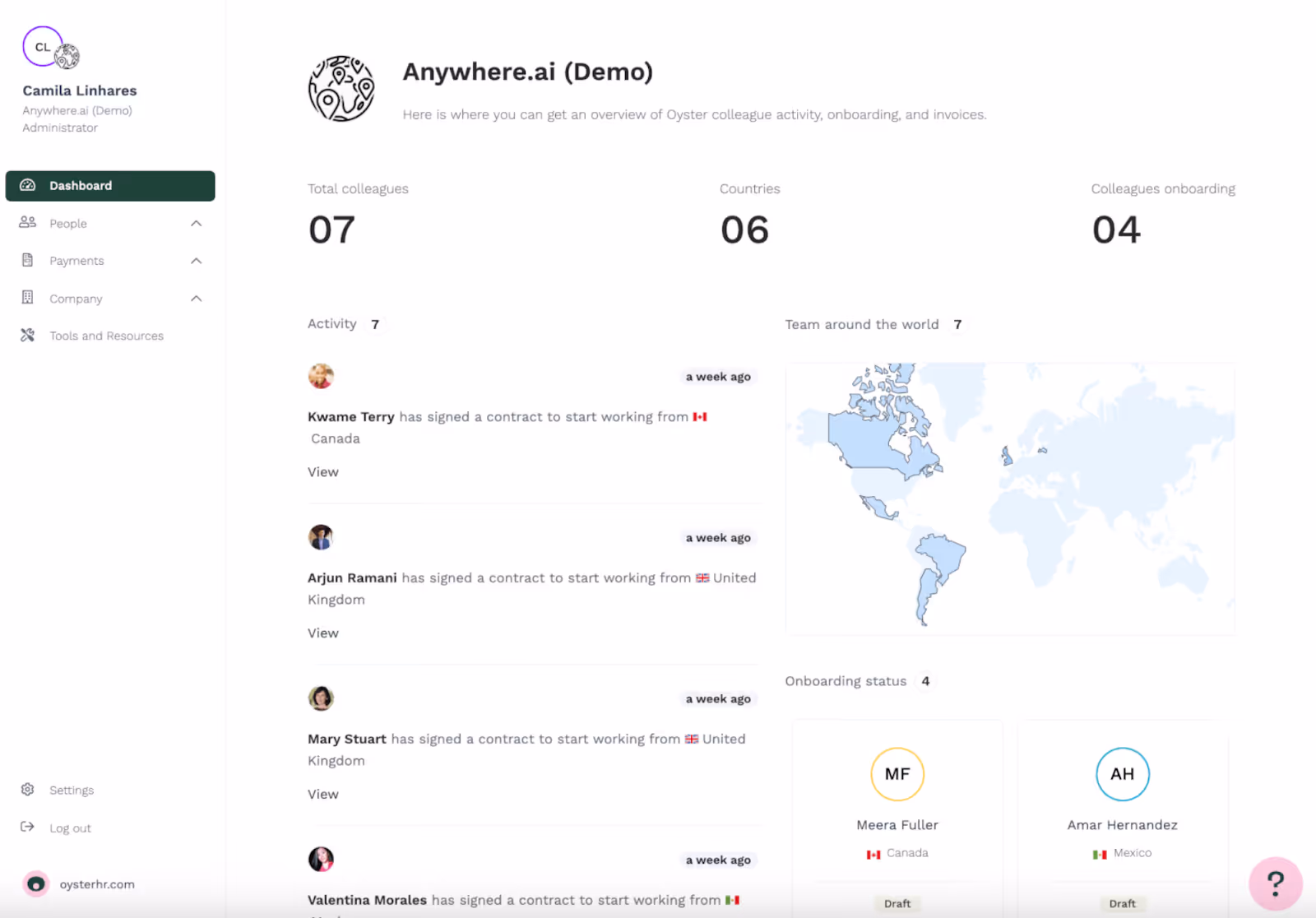 Oyster HR dashboard showing global team management with contracts, onboarding status, and employee locations on a world map.
