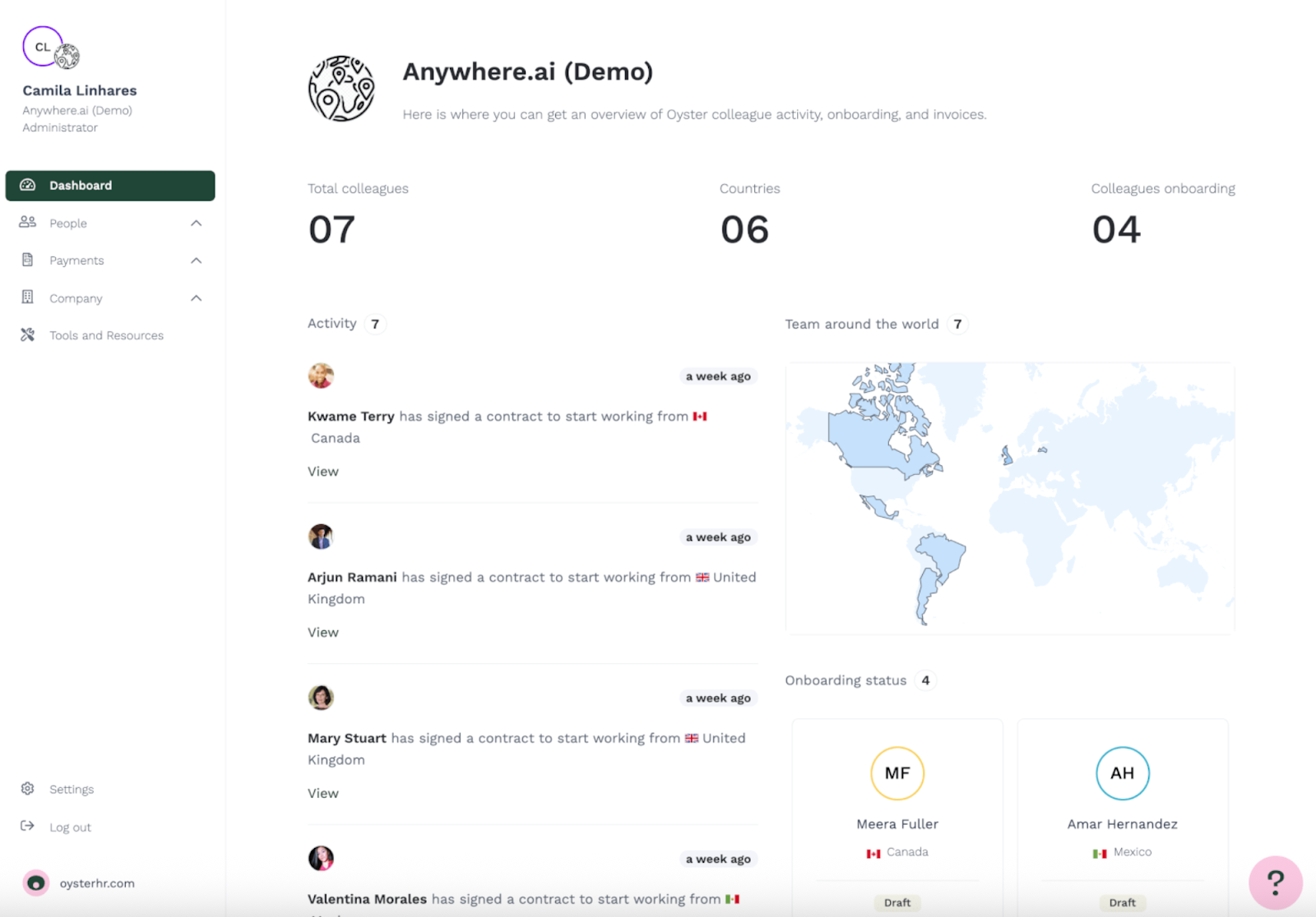 Oyster HR dashboard showing global team management with contracts, onboarding status, and employee locations on a world map.