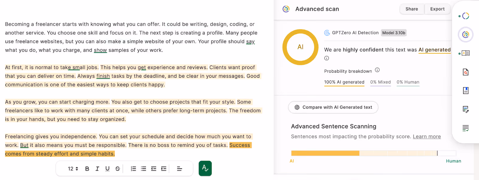 Screenshot of a GPTZero AI detection scan showing a freelancer advice article flagged as 100% AI-generated, with highlighted sentences and probability breakdown.