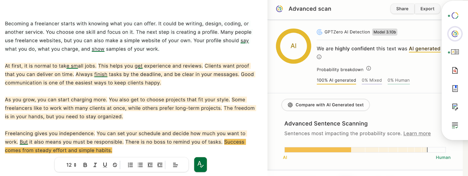 Screenshot of a GPTZero AI detection scan showing a freelancer advice article flagged as 100% AI-generated, with highlighted sentences and probability breakdown.