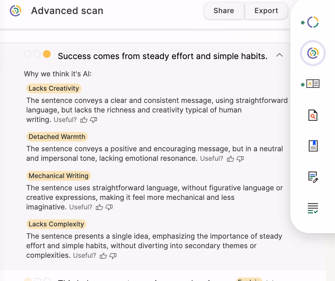 Screenshot of GPTZero’s sentence analysis tool showing why a sentence was flagged as AI-generated.