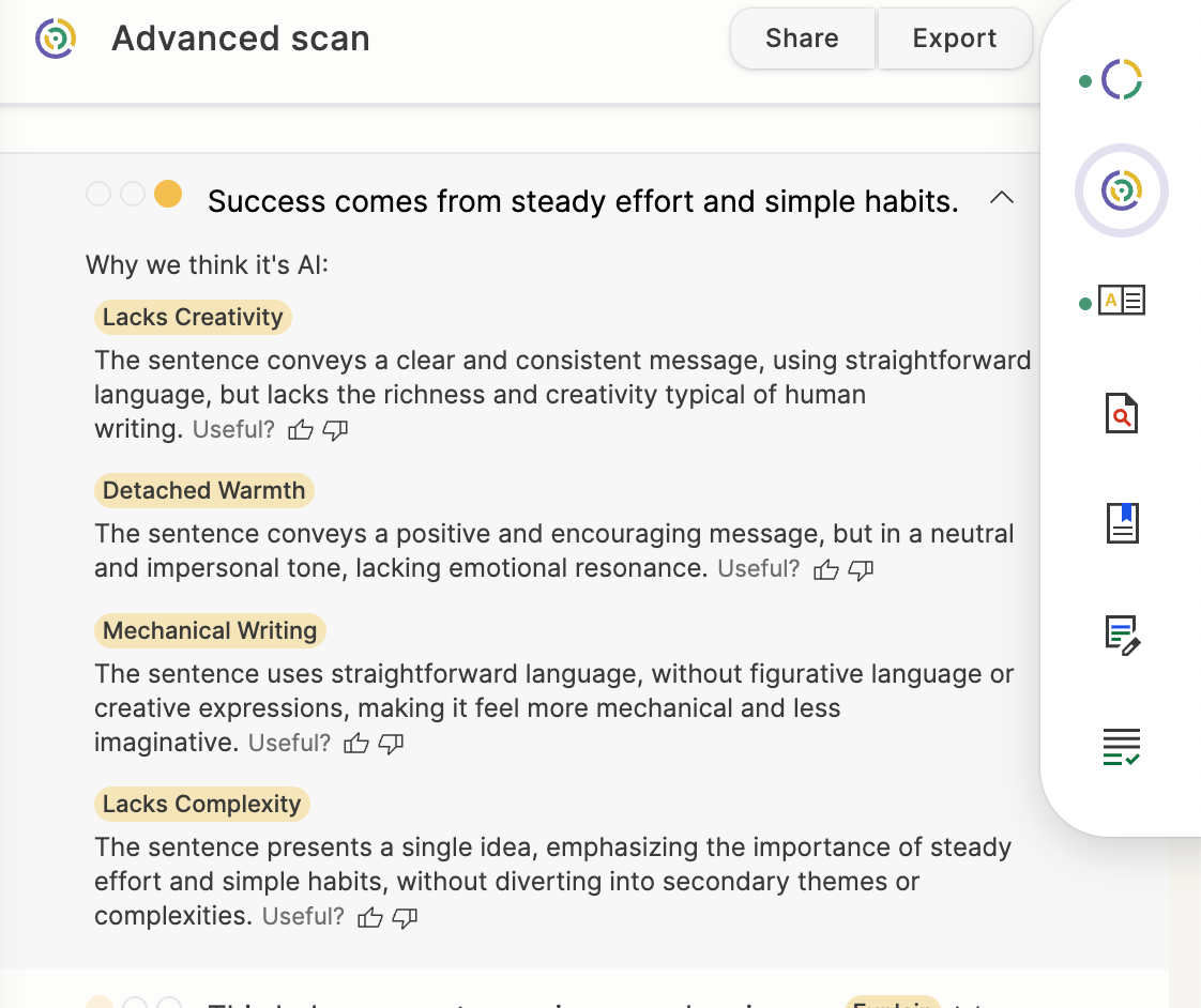 Screenshot of GPTZero’s sentence analysis tool showing why a sentence was flagged as AI-generated.