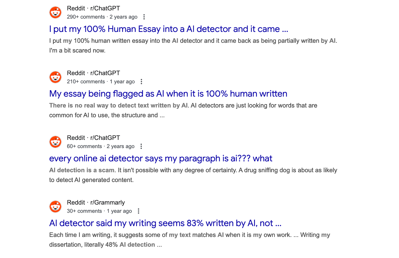 Reddit search results showing users complaining that their human-written essays were falsely flagged as AI-generated by detectors.