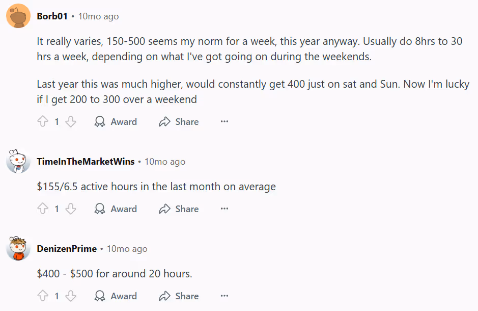 Redditor users sharing the amount of money they make working for DoorDash delivery. 