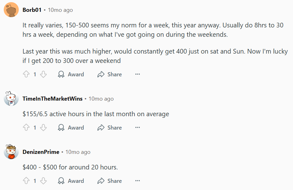 Redditor users sharing the amount of money they make working for DoorDash delivery. 