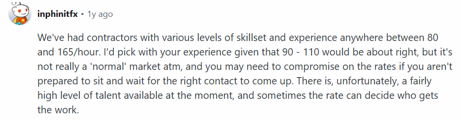 A comment about software developers’ rates left by a user on Reddit.  