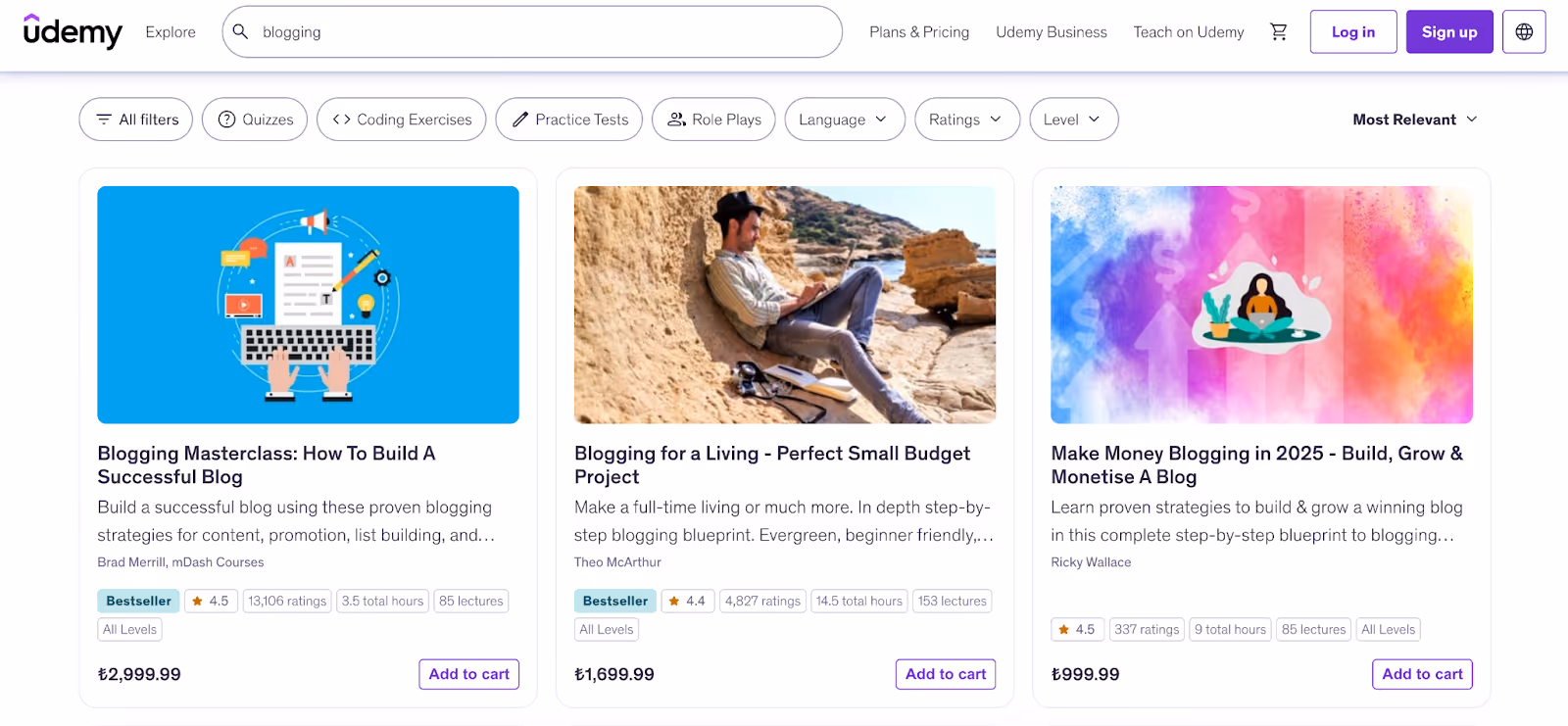 Screenshot of Udemy search results for “blogging” courses, showing three options.