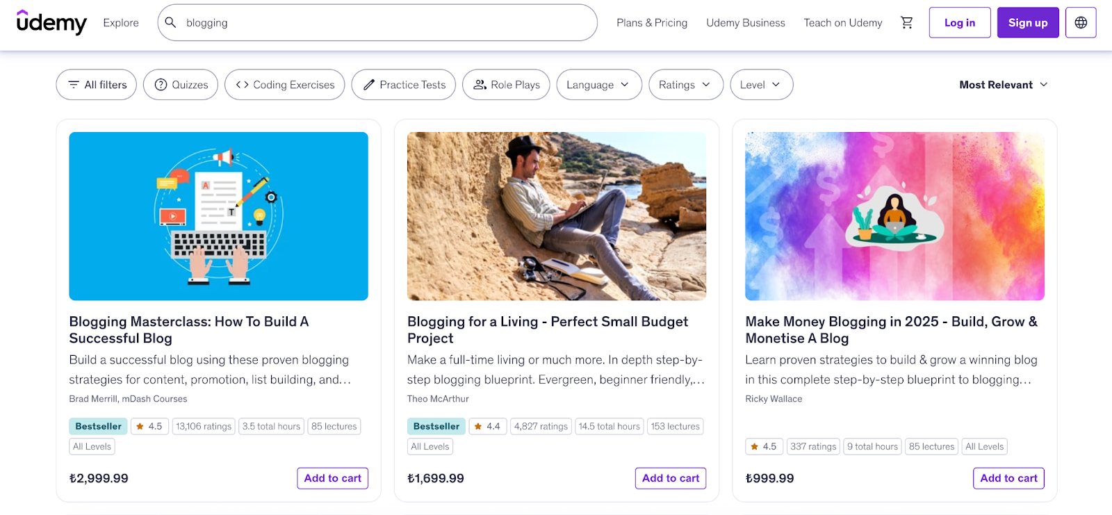 Screenshot of Udemy search results for “blogging” courses, showing three options.