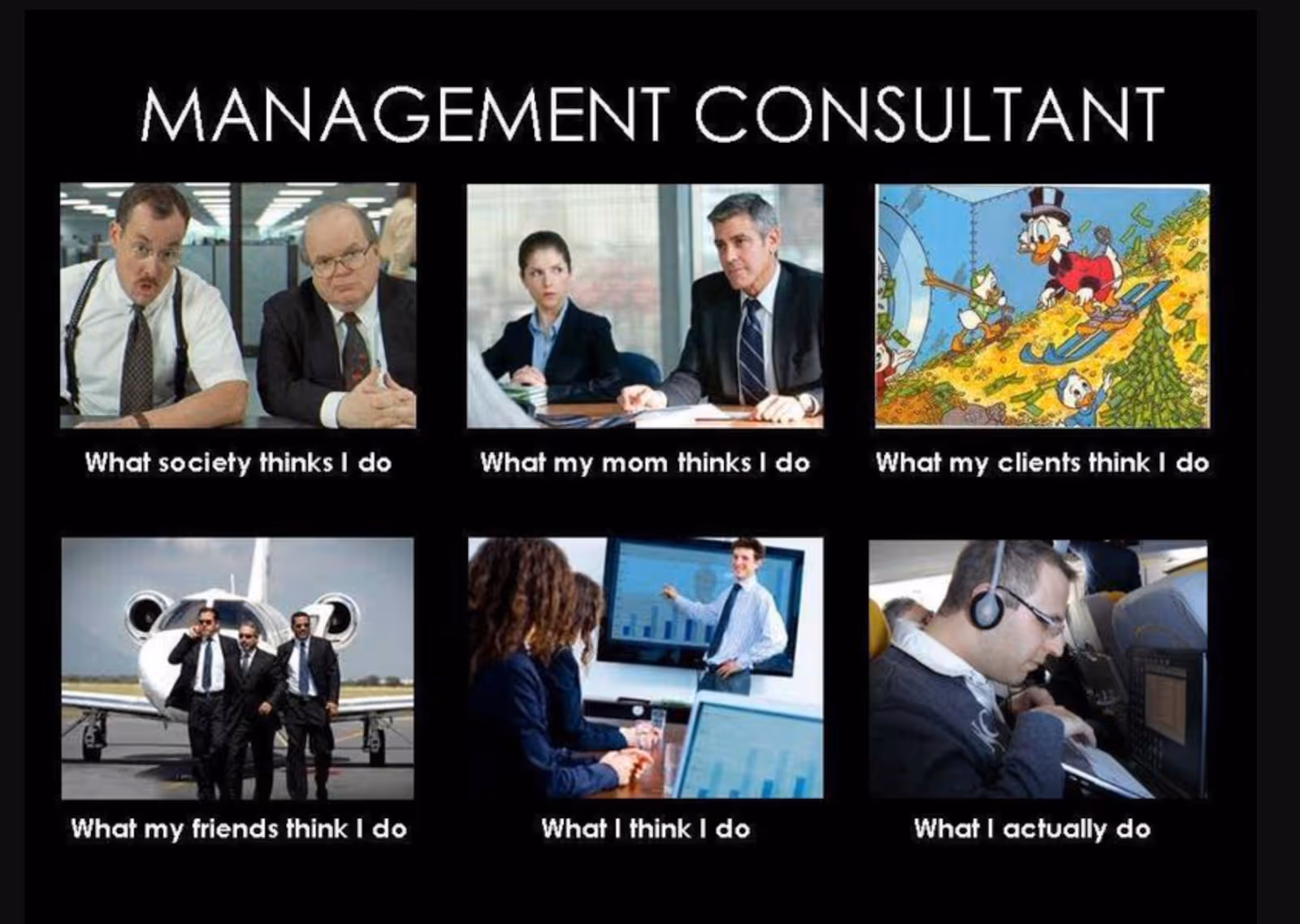 Management Consultant” meme comparing what others think the job is vs what it actually is.