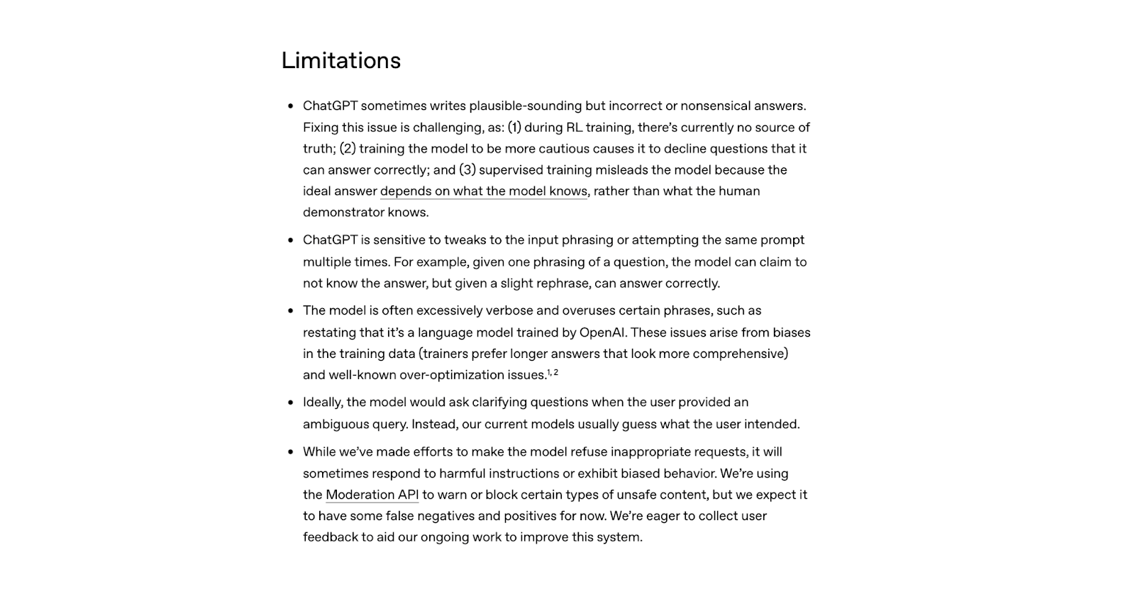 A screenshot with the list of limitations for using ChatGPT