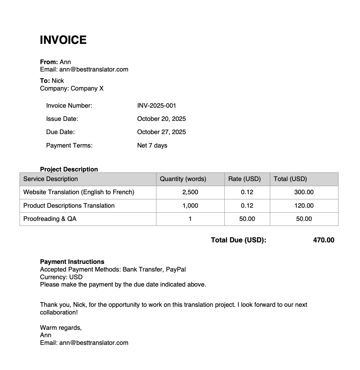An example of a professional invoice PDF file assignment for ChatGPT.