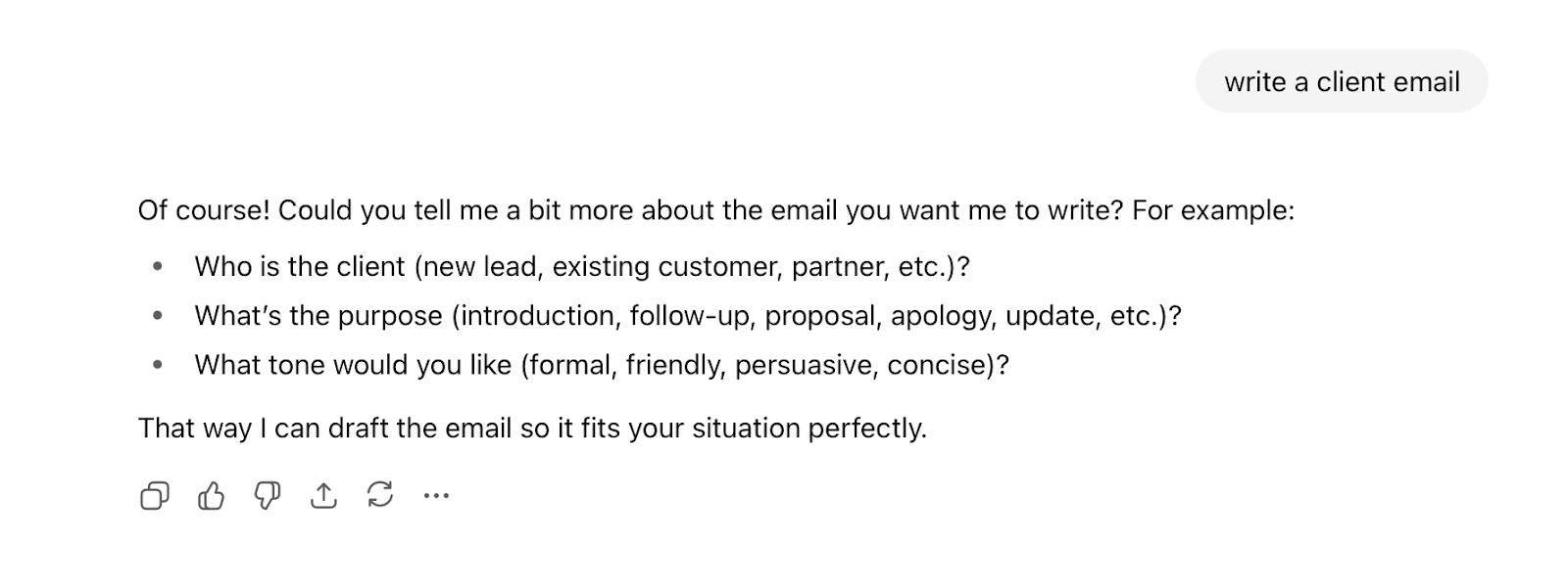  A ChatGPT response to a vague “write a client email” input 