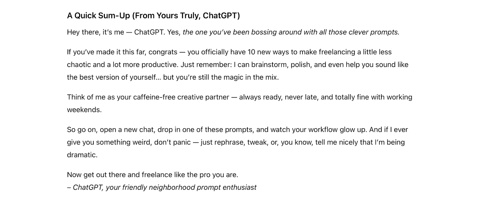 a quick sum-up and personalized message from ChatGPT