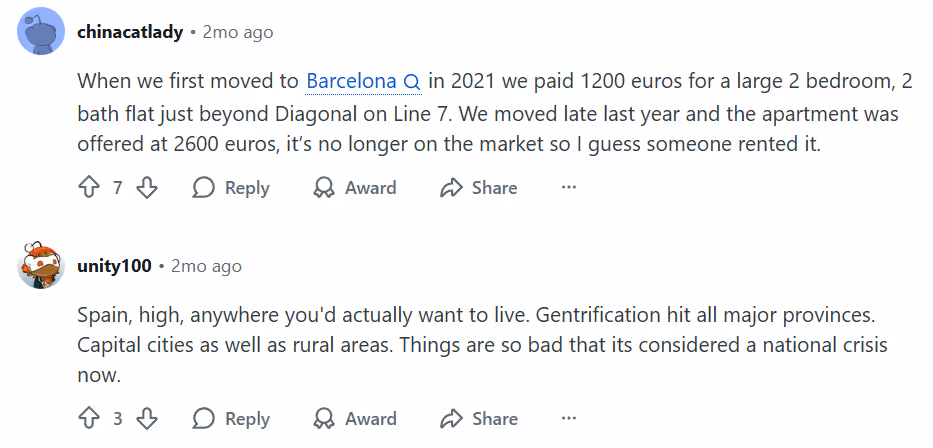 Two Reddit comments saying Spain has become expensive and gentrified.