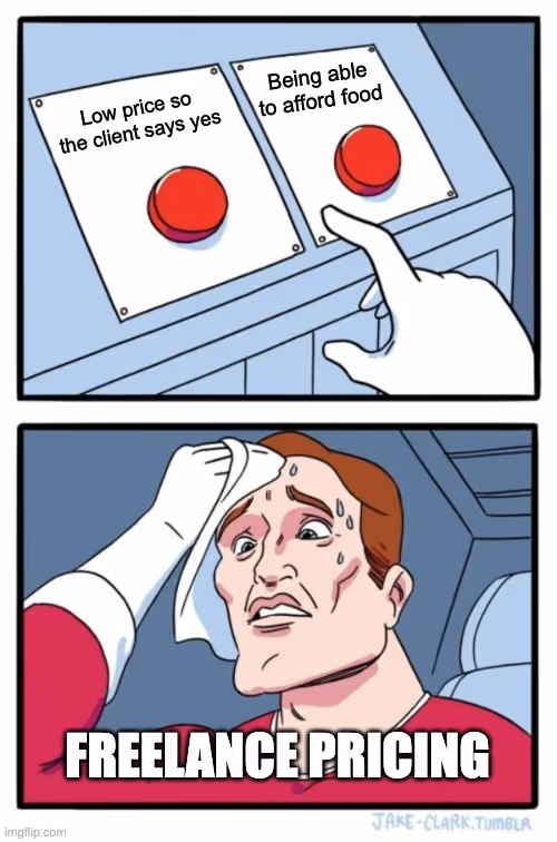 Meme about choosing between low client-friendly rates and personal financial survival.