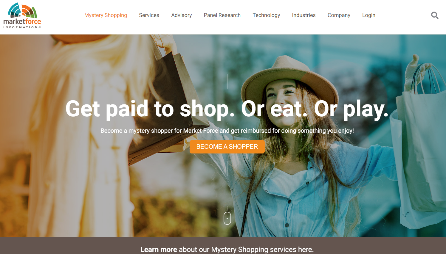 The mystery shopper page of Market Force, showing the message “Get paid to shop. Or eat. Or play.”