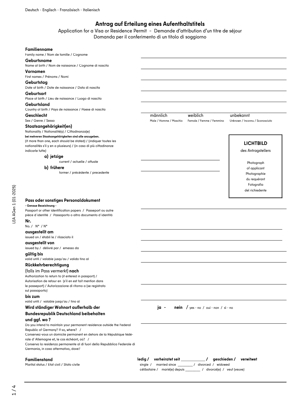 The first page of the residence permit application form with personal and passport information