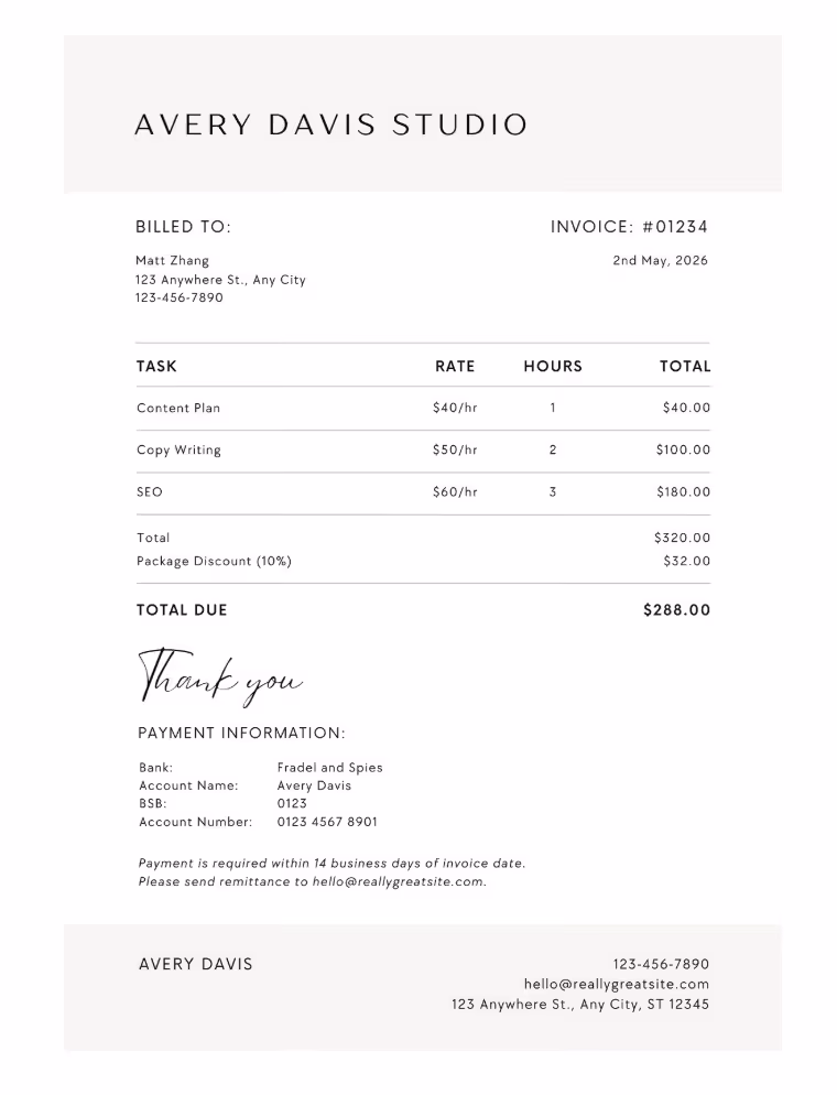 A screenshot of an invoice template as an example