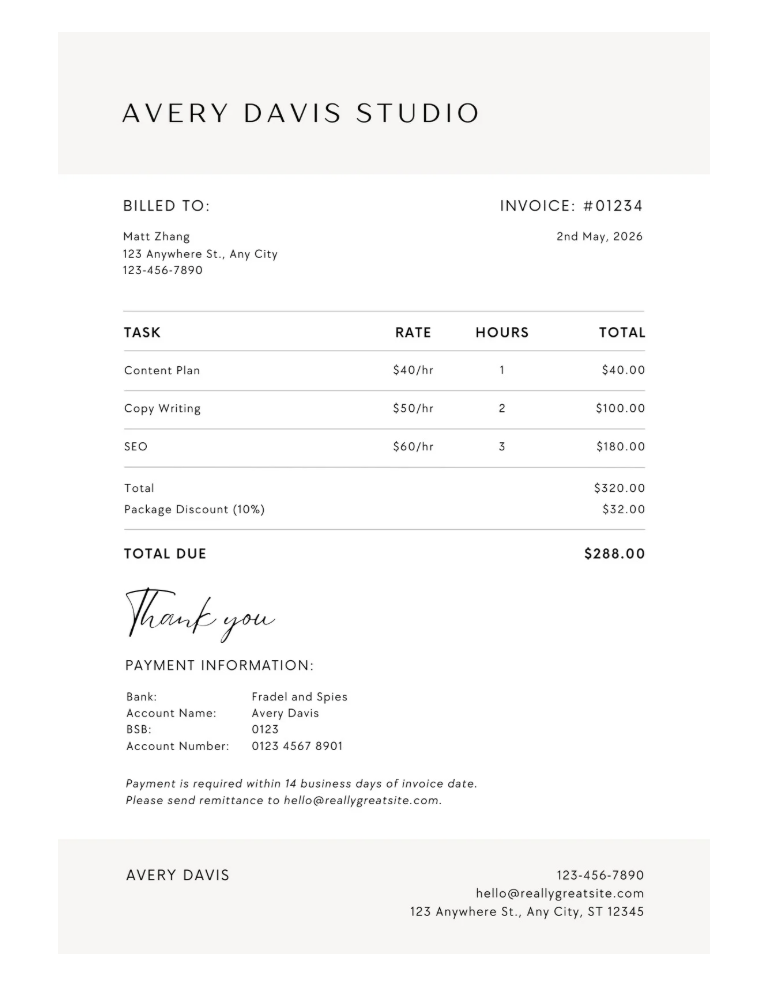 A screenshot of an invoice template as an example‍