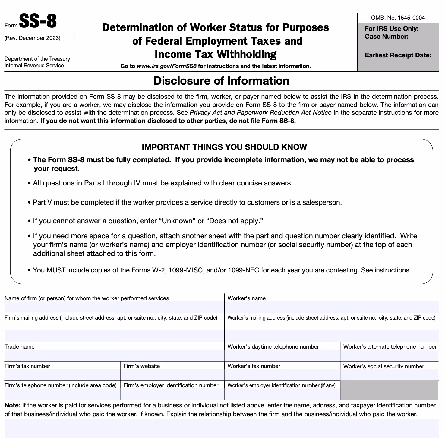 The SS-8 form screenshot