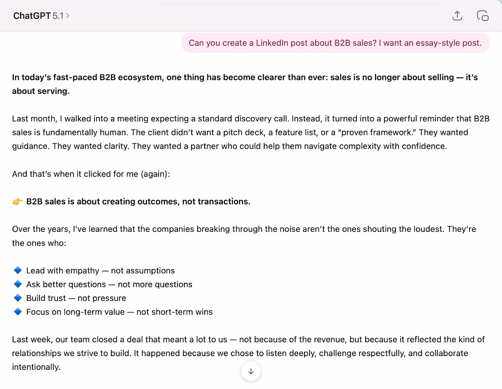 Screenshot of a ChatGPT conversation showing a generic LinkedIn-style essay about B2B sales.