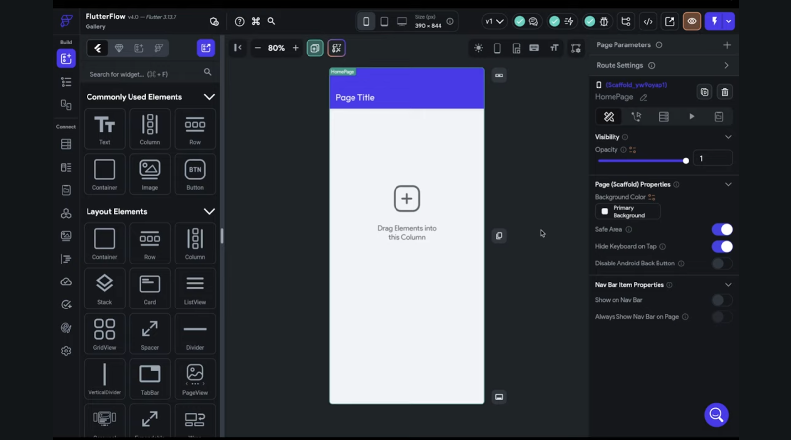 A screenshot of Flutter Flow’s interface, where users can design an app without using code.