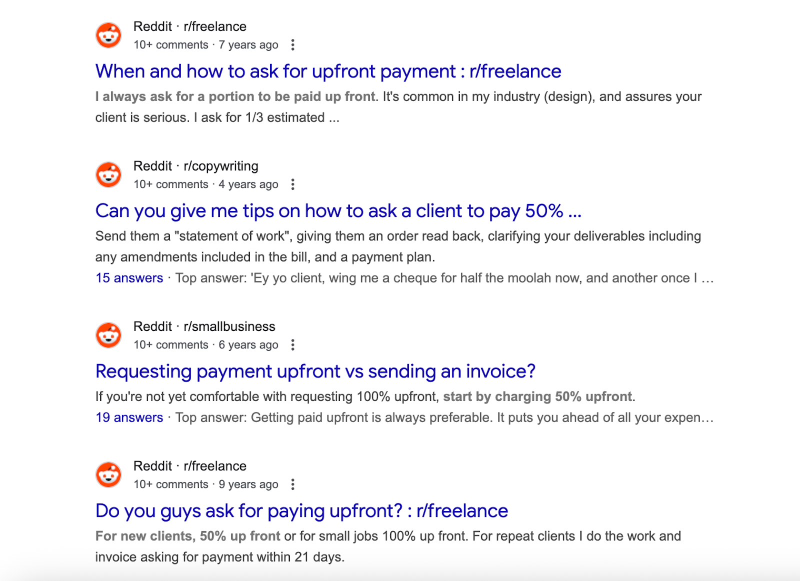 Google search results showing Reddit discussions about how freelancers ask for upfront payment.