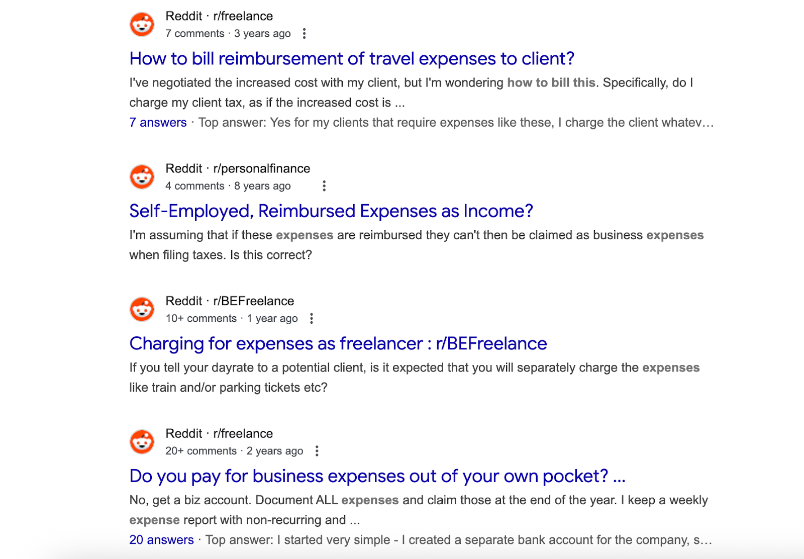 Screenshot of Google search results showing Reddit discussions about freelancer expense reimbursement.