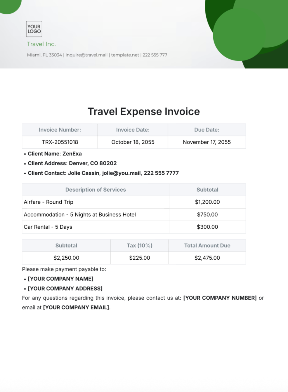 Travel expense reimbursement invoice with airfare, hotel, and car rental listed as billable expenses.