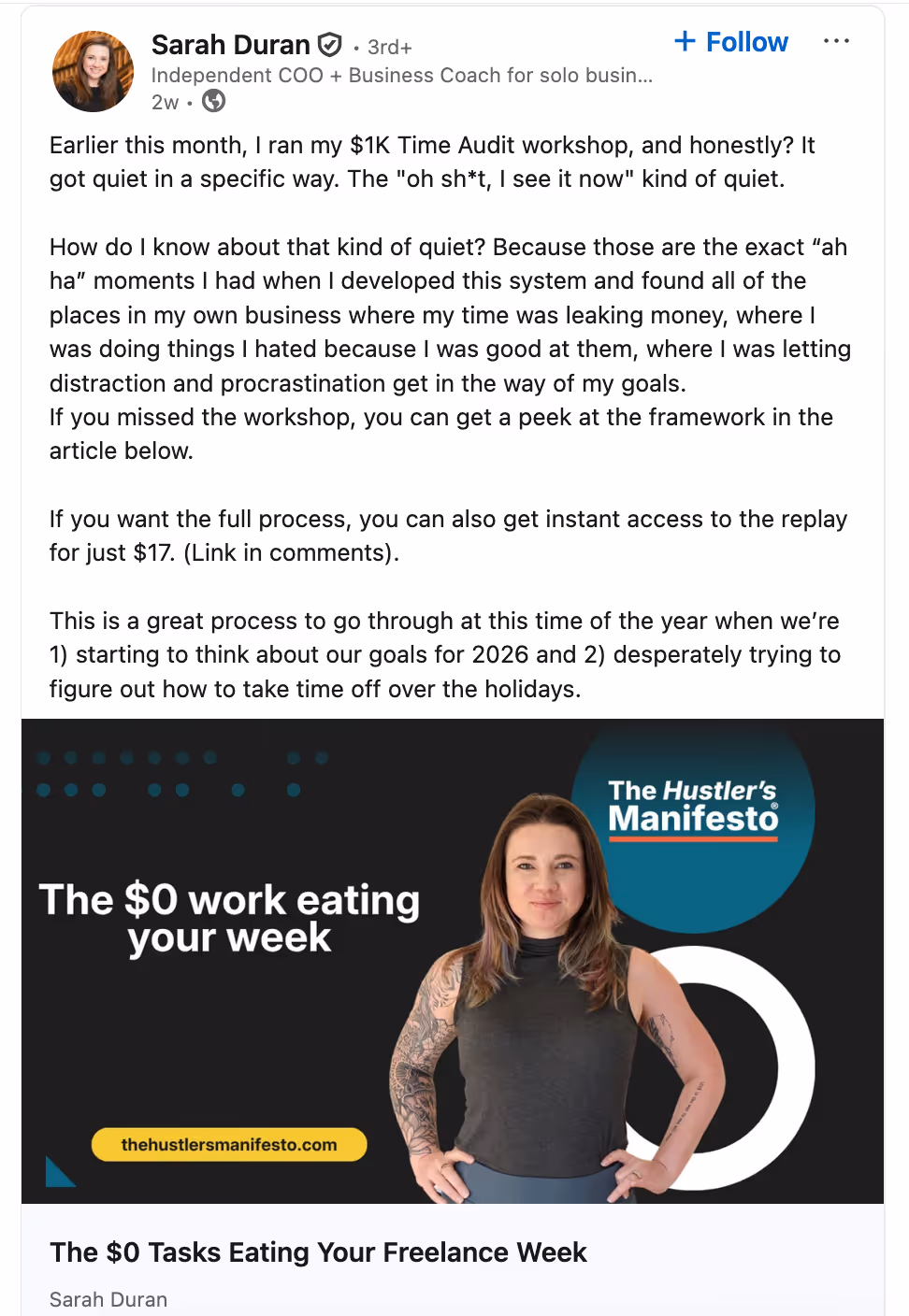 A LinkedIn post about a time audit workshop promoting access to the replay video, with an image showing the author and saying “The $0 work eating your week”