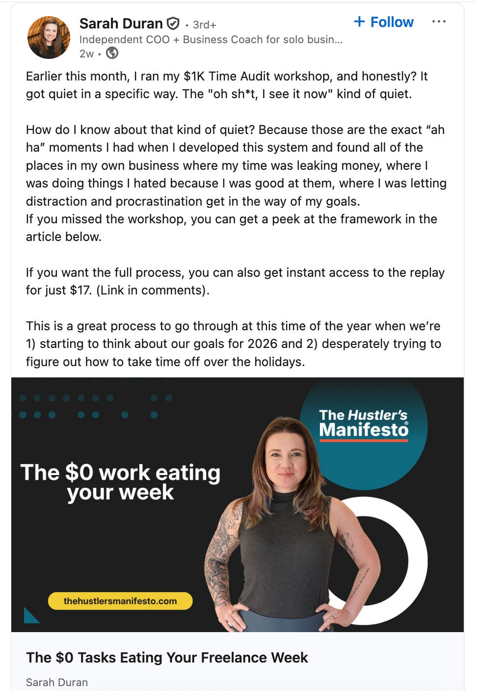 A LinkedIn post about a time audit workshop promoting access to the replay video, with an image showing the author and saying “The $0 work eating your week”