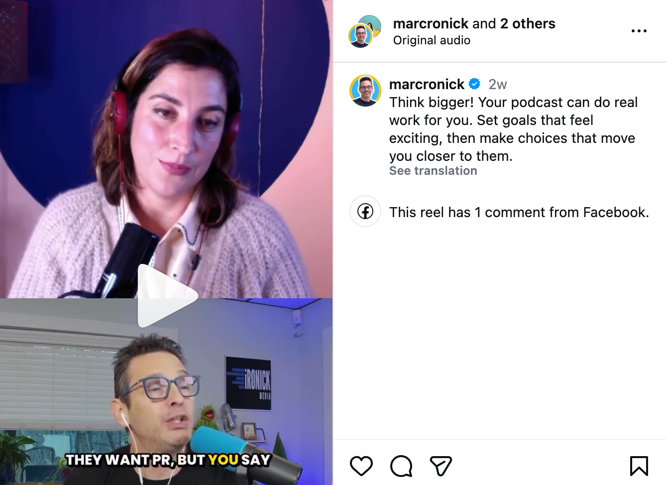 An Instagram Reels showing a woman and a man talking to each other, and a caption about podcasting