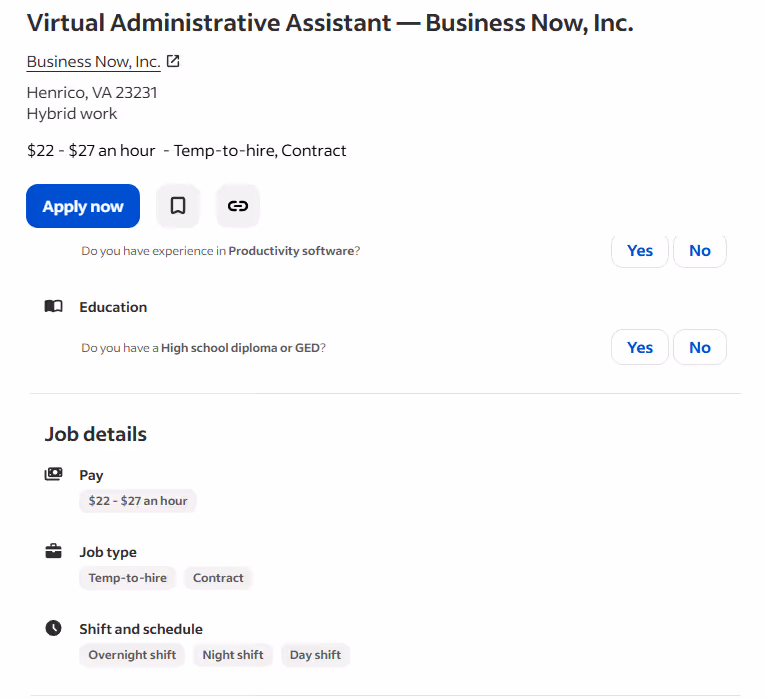 job listing on Indeed for a Virtual Administrative Assistant, offering a salary of $22-27 an hour.