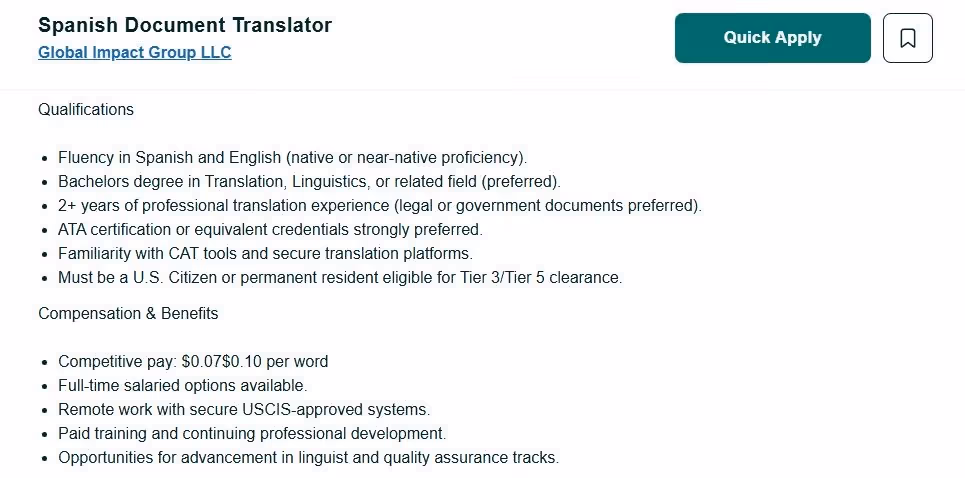 A job listing for a Spanish Document Translator, with required qualifications and compensation & benefits, including payment of up to $0.10 per word.